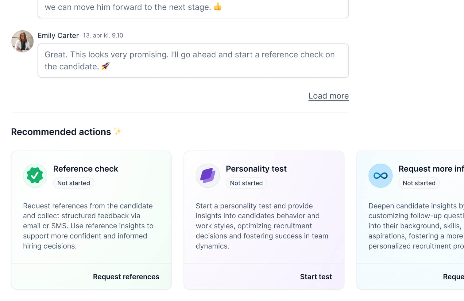 Recommended actions suggesting next steps for a candidate in the recruitment process.
