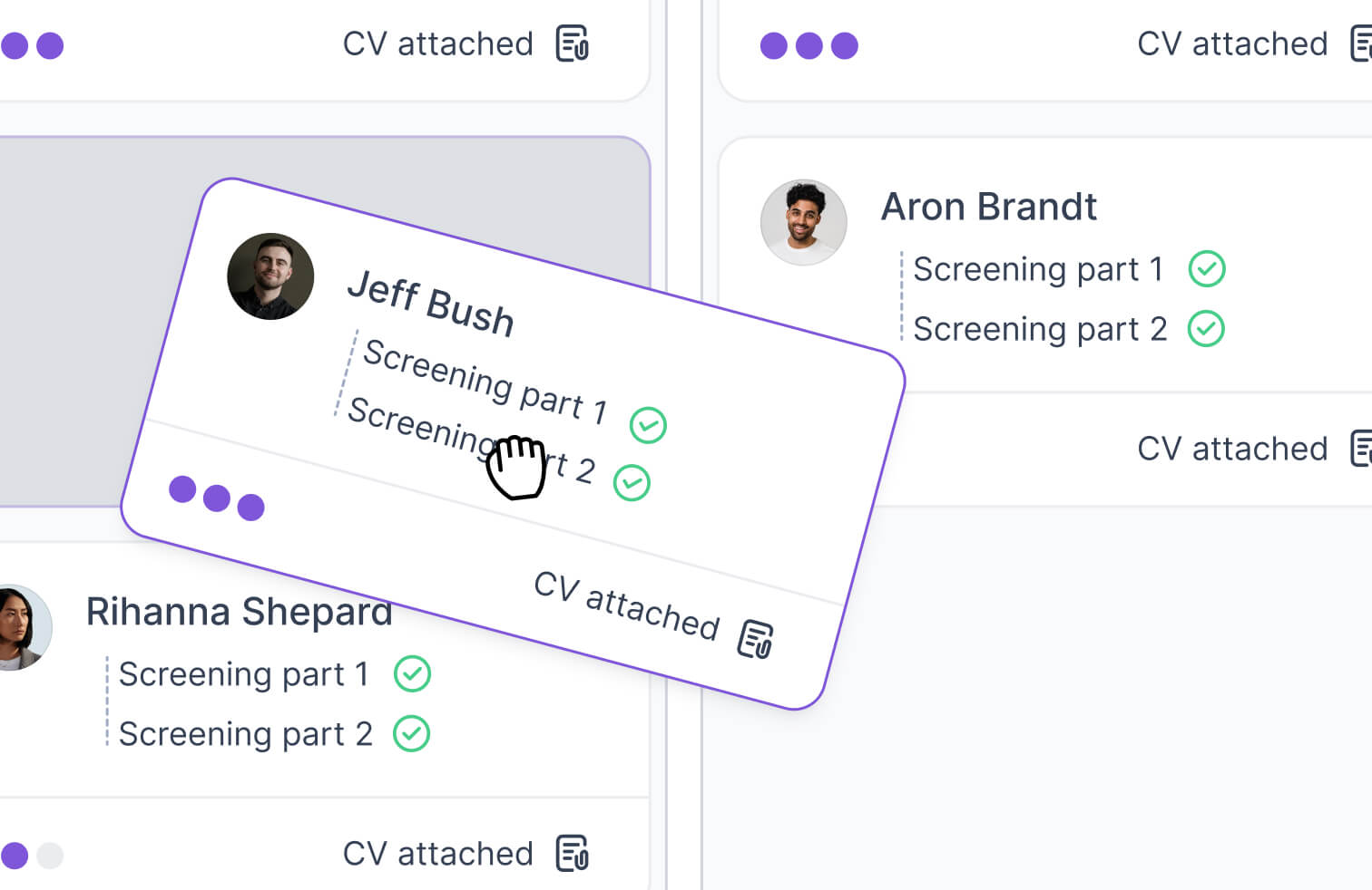 Dragging a candidate card to another stage in the recruitment pipeline.